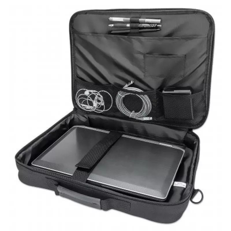 Manhattan Cambridge Laptop Bag 15.6 inch, Clamshell Design, Black, LOW COST, Accessories Pocket, Document Compartment on Back, Shoulder Strap (removable), Equivalent to Targus TAR300, Notebook Case, Three Year Warranty