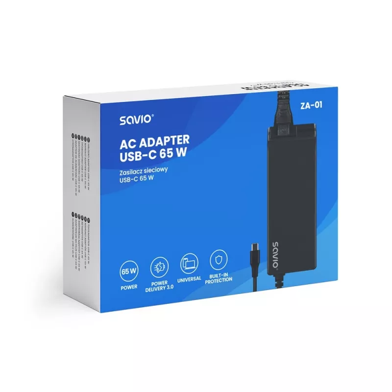 Indoor AC charger SAVIO ZA-01, 65W USB‑C PD 3.0, 100–240V input, single port, black