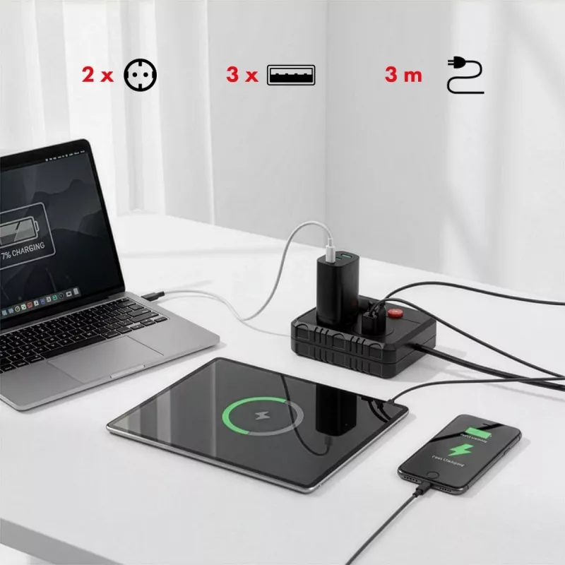 Power strip MACLEAN MCE388 B — 2 AC sockets, 3×USB A, 110–120V 50/60Hz, 2500W, 3 m cable, black