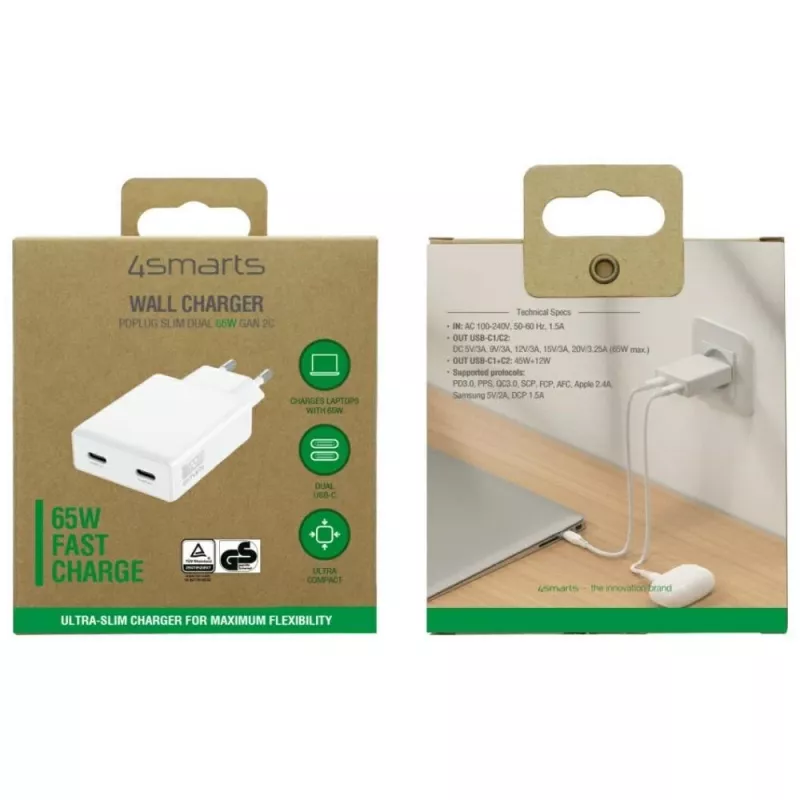 Charger PDPlug Dual 65W GaN 2xUSB-C white