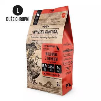 Dry dog food wiejskazagroda Beef Turkey Adult L 9 kg — complete nutrition for adult large dogs, 31% protein, 20% fat