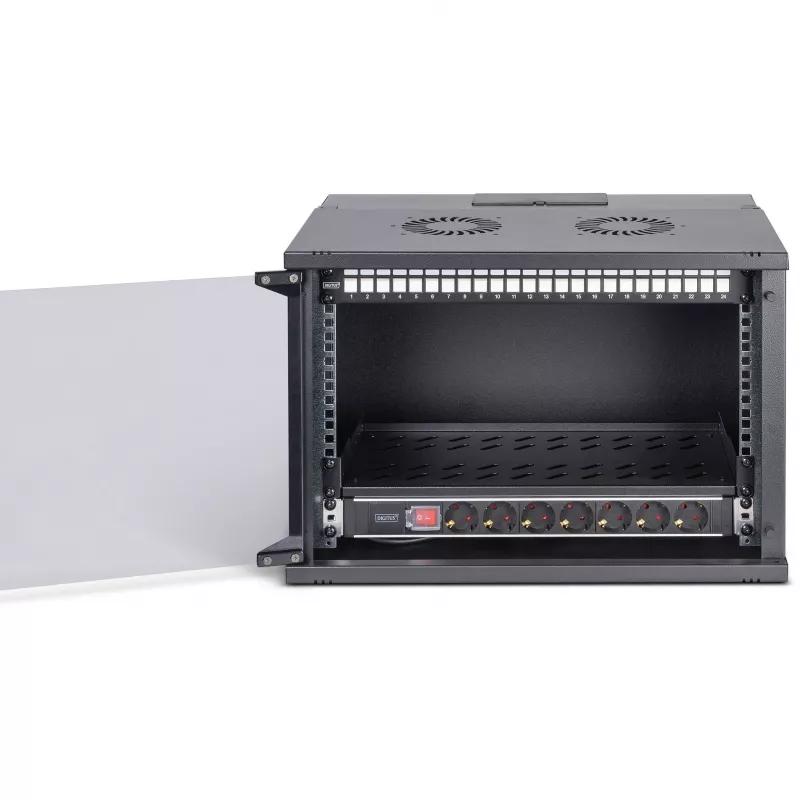 DIGITUS SOHO PRO 7U Wall-Mounted Network Cabinet Set, 19 inch, 60 kg Load, IP20, with 24-Port Cat6A Patch Panel, 24 Shielded Keystone Modules, 30x 0.25m S/FTP Patch Cables, 1U Shelf, 1U Power Strip, Black
