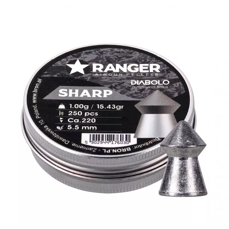 Gun pellets RANGER PRORO 5.5 mm, diabolo shape, silver, 250 pcs, aluminium dispenser
