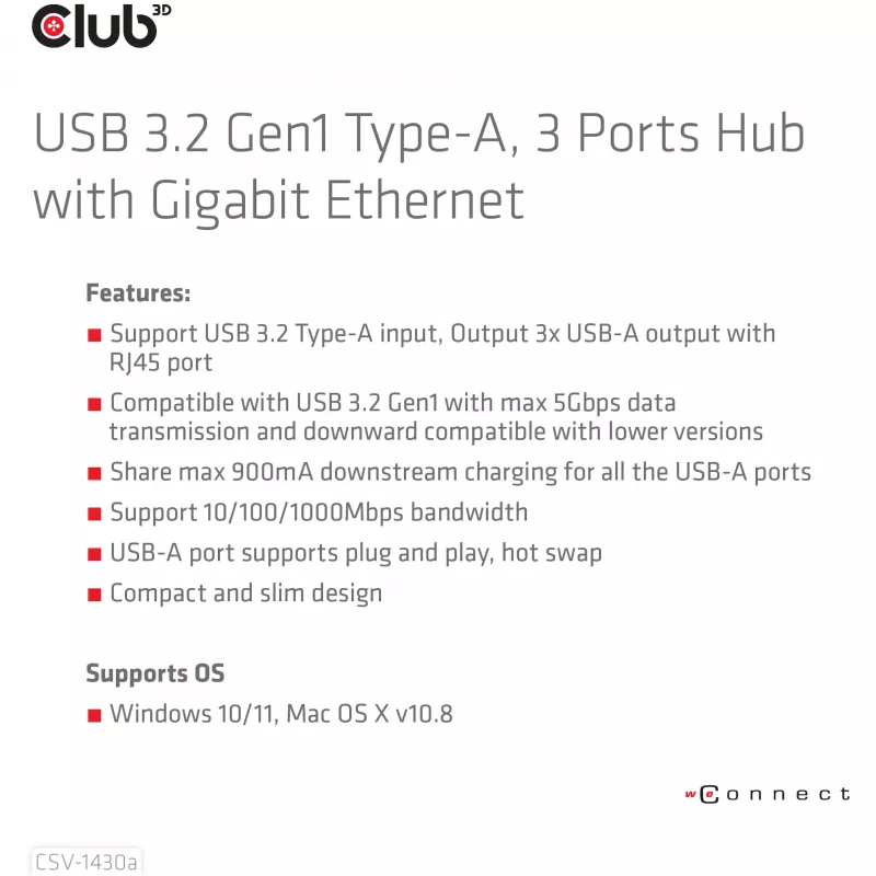 USB Hub CLUB3D USB 3.2 Gen1 Type-A 3 Ports with Gigabit Ethernet