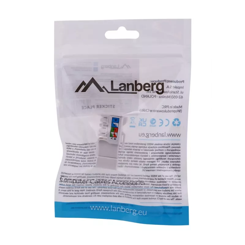 Keystone module LANBERG KSU6-1090, Cat6 U/UTP flat, RJ-45 male to LSA female, AWG 22/26, 14.5×16.1 mm, white