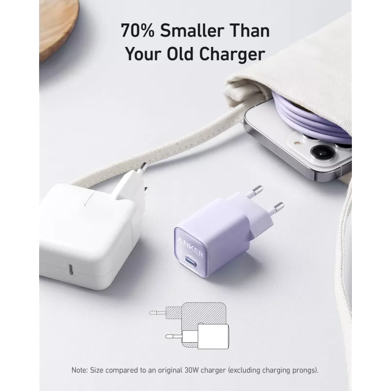 Indoor AC Charger Anker 511 Nano 3 — 30W, 1× USB-C, 100–240V, Black