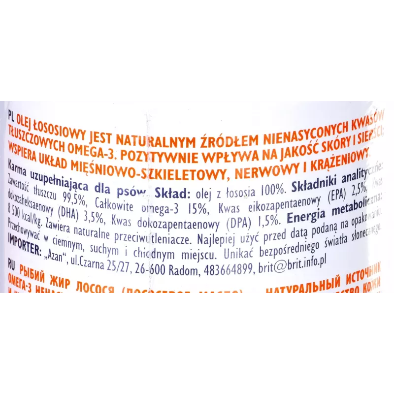 Nutritional pet oil Brit Care BRIT 1000 ml — skin and coat supplement for dogs and cats, 1 L bottle