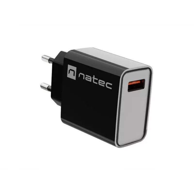 NATEC AC fast charging indoor wired charger Ribera — 18W (5–15V, up to 3A), 1× USB-A, Huawei FCP/SCP, black
