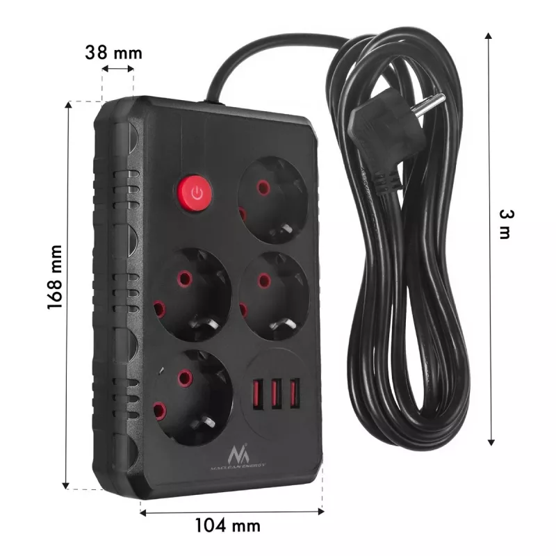 Power strip MACLEAN MCE393 B — 4 sockets, 3×USB, 110–240V, 2500W, 3 m cable, black