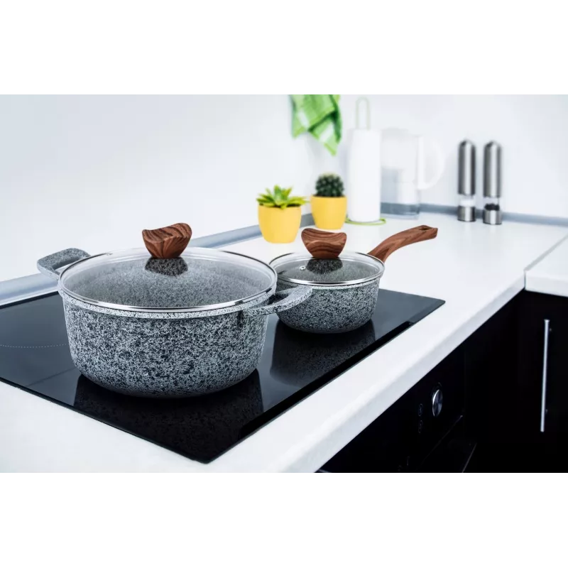 PROMIS Granite Cookware Set, 16 cm Saucepan and 20, 24, 28 cm Pots, Brown Handles