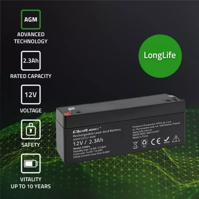 Sealed AGM battery QOLTEC 12V 2.3Ah for UPS and backup systems, max discharge 34.5A