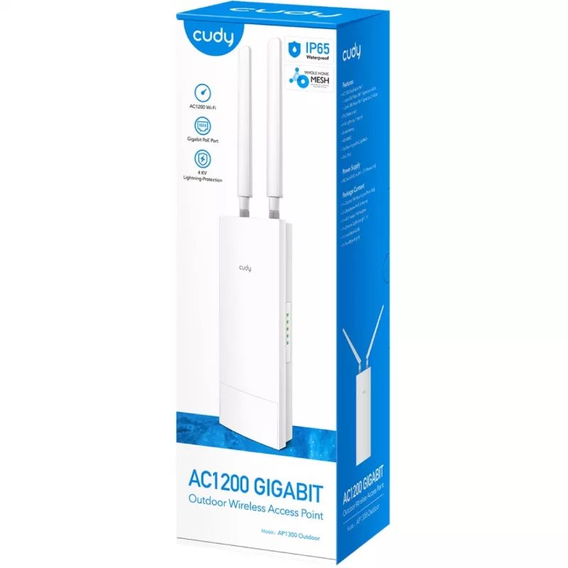Access Point Cudy AP1300 Outdoor — dual-band 2.4/5 GHz, 300/867 Mbps, IP65, PoE, 2 external RP‑SMA antennas