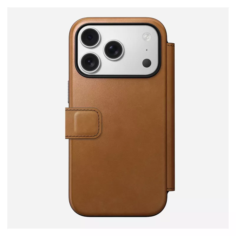 Folio phone case Nomad Modern Leather Folio for iPhone 17 Pro, leather + aluminium, 6.3 inch (16 cm), Tan, 3 card pockets