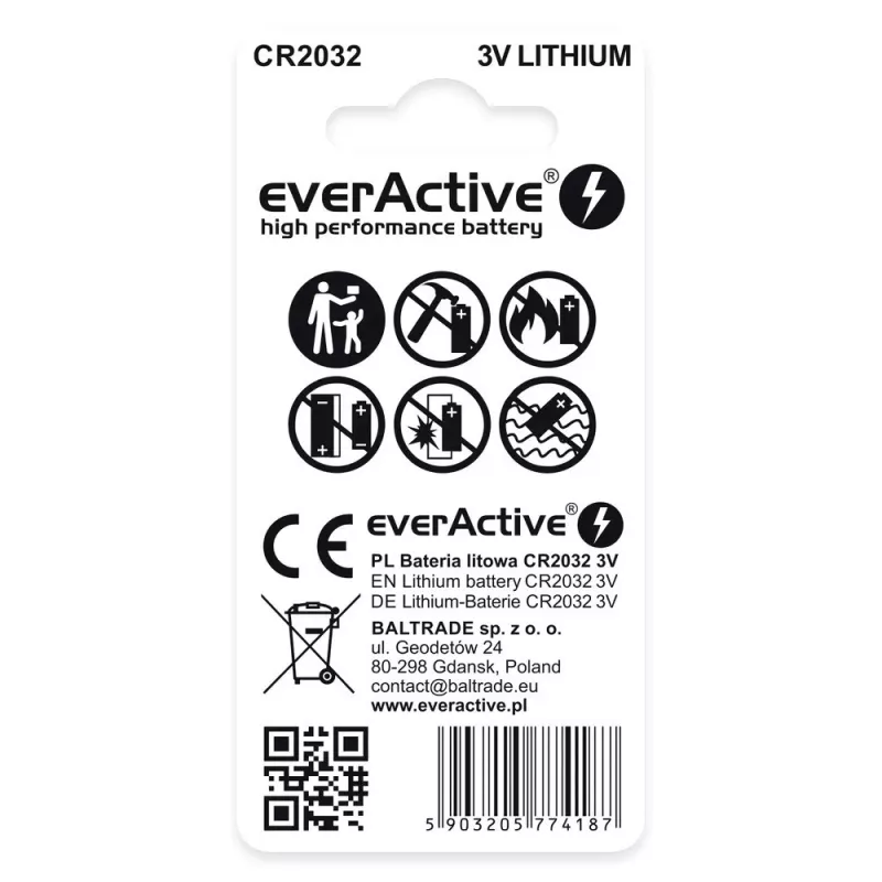 Coin cell lithium battery everActive CR2032 — 3V, 20 mm, 2 pcs blister pack