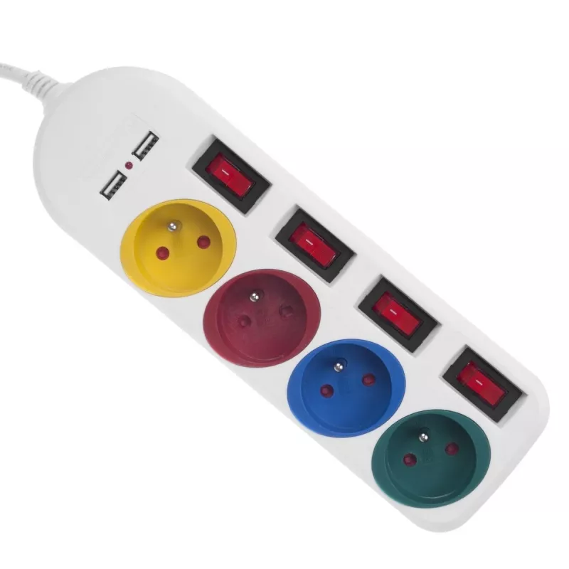 Power strip MACLEAN MCE229W — 4 sockets, 2× USB, 1.5 m cable, Type F, 10 A, white