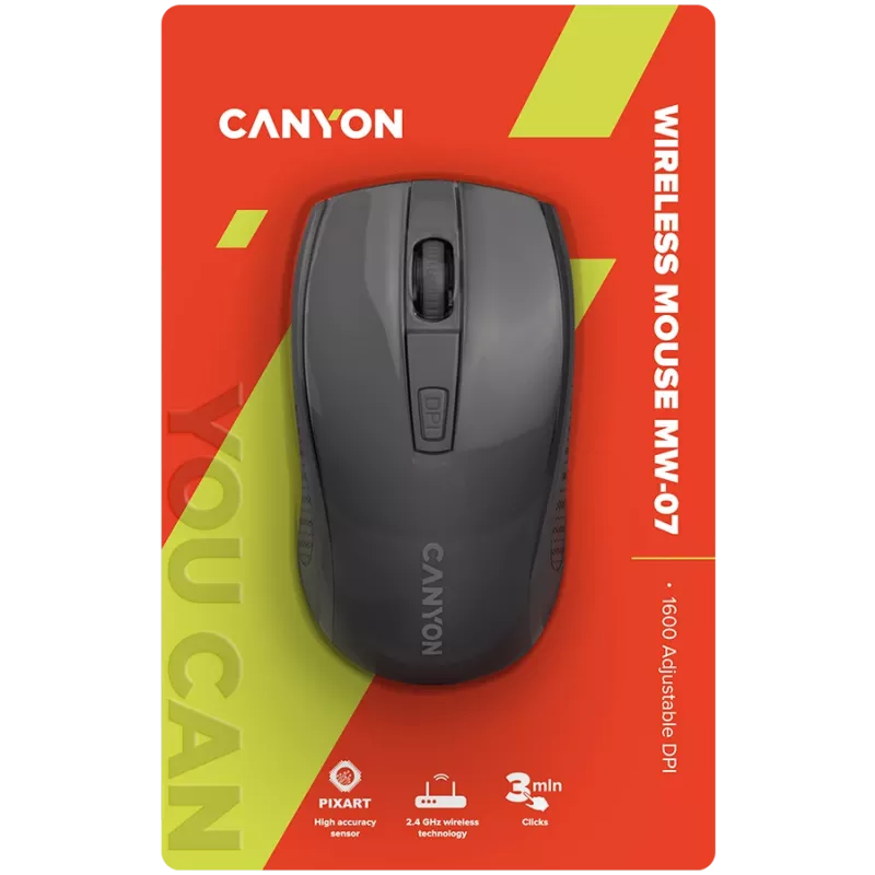 CANYON MW-7, 2.4Ghz wireless mouse, 6 buttons, DPI 800/1200/1600, with 1 AA battery ,size 110*60*37mm,58g,black