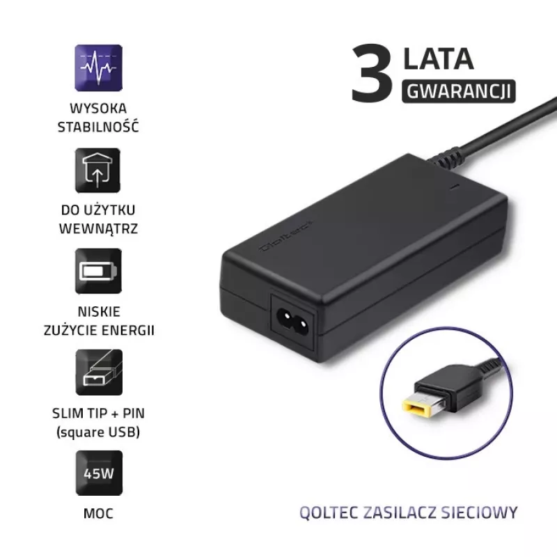 laptop mains adapter Qoltec Lenovo 45w 20v 2.25a Slimtip + pin 50098.45w