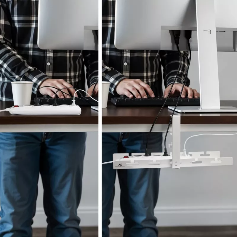 Under-desk cable organizer MACLEAN MC-105 W — steel, white, max load 5 kg, fits desk thickness 0.5–50 mm