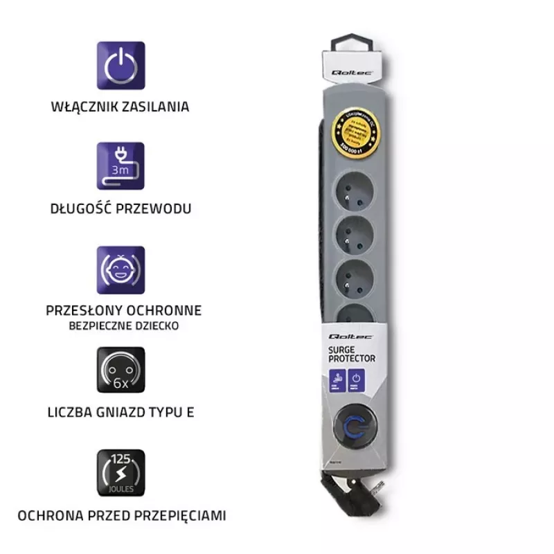 Surge Protector Qoltec 50166 Grey 6 AC Outlets 230V 3m
