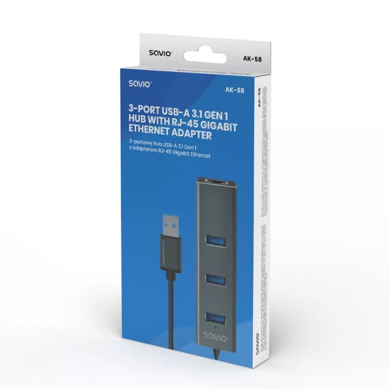 SAVIO USB-A hub with RJ-45 Gigabit Ethernet AK-57 — 3× USB-A + RJ-45, USB 3.2 Gen 1 Micro‑B host, 5 Gbit/s, 4 ports, grey