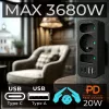 Power splitter MACLEAN MCE248 F/B — 3 AC sockets (1x16A, 2x6A) and 4 USB ports (2xUSB‑A, 2xUSB‑C PD 20W), EU plug, black