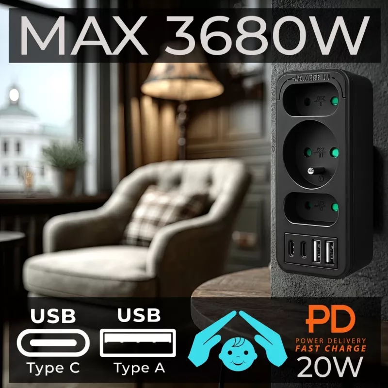 Power splitter MACLEAN MCE248 F/B — 3 AC sockets (1x16A, 2x6A) and 4 USB ports (2xUSB‑A, 2xUSB‑C PD 20W), EU plug, black
