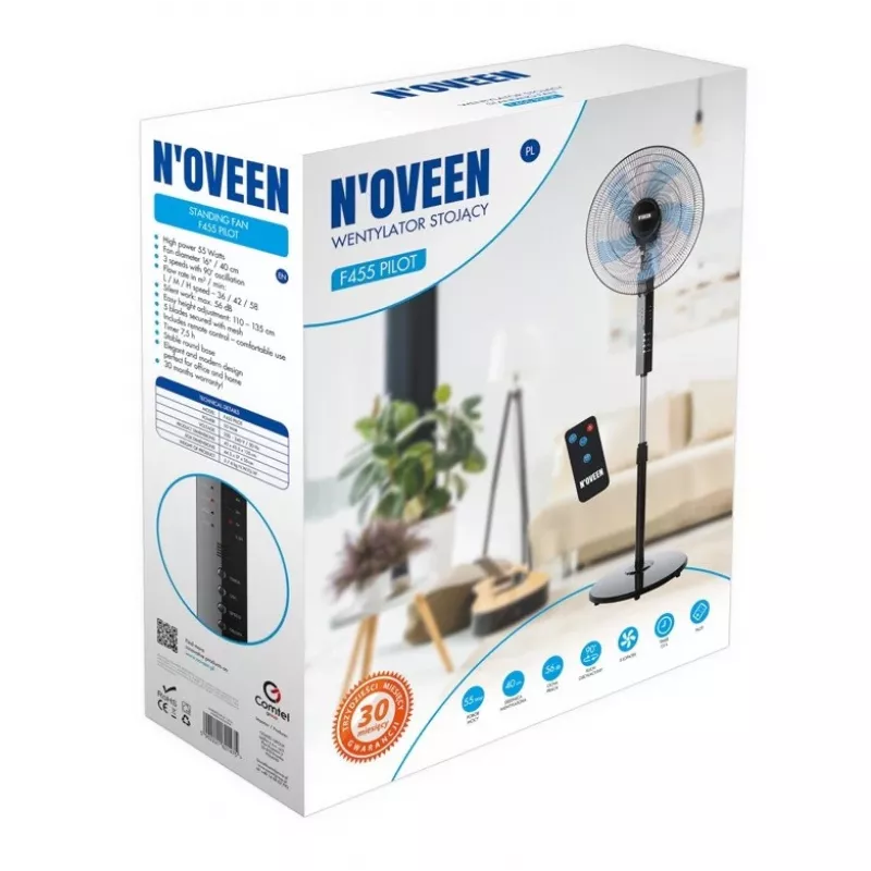 Standing fan NOVEEN F455 16 inch (40 cm) with remote, 3 speeds, timer, oscillation, black
