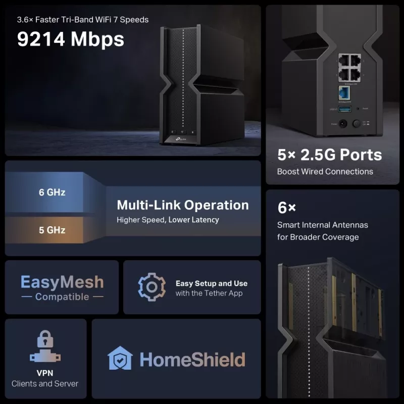 TP-Link Archer BE9300 Tri-Band Wi-Fi 7 Router, Wi-Fi 7 (802.11be), Tri-band (2.4 GHz / 5 GHz / 6 GHz), Ethernet LAN, Black, Tabletop router