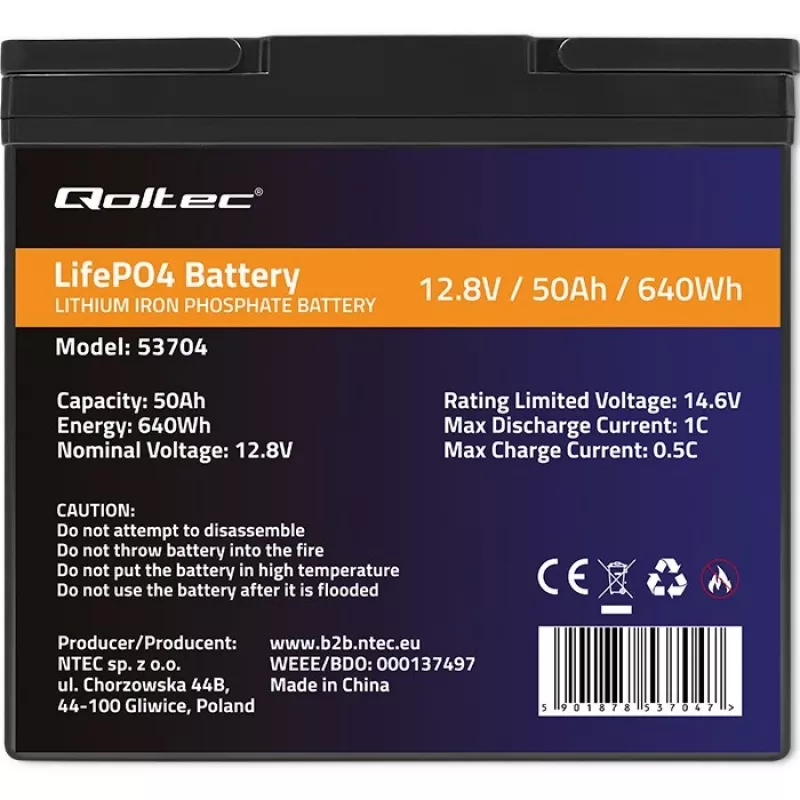 LiFePO4 battery QOLTEC 12.8V 50Ah (model 53704) for backup and energy storage