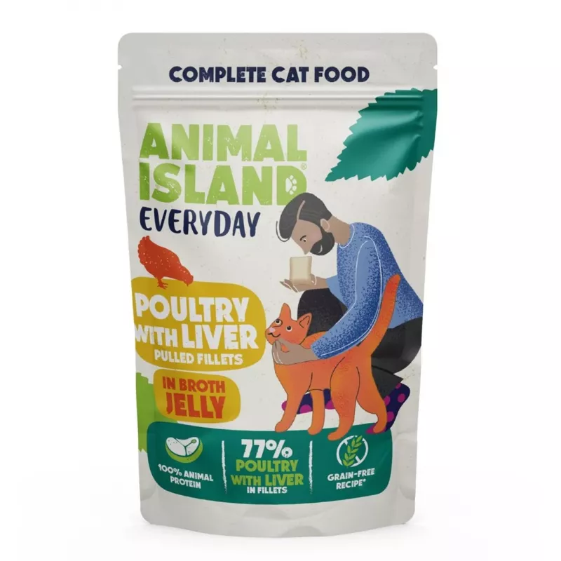 Wet cat food animal island Everyday — Veal & Poultry with Liver, 4 x 85 g sachets, 9.5% protein, 83% moisture
