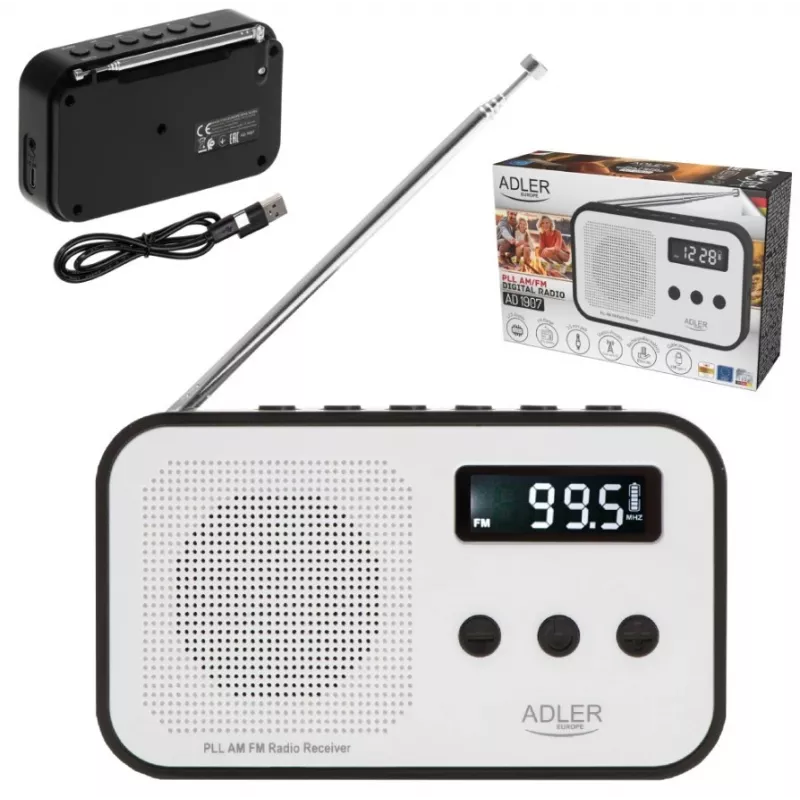Portable digital radio Adler AD 1907 — AM/FM, digital tuner, alarm, USB-C, 600 mAh battery, LCD, 20 presets, telescopic antenna