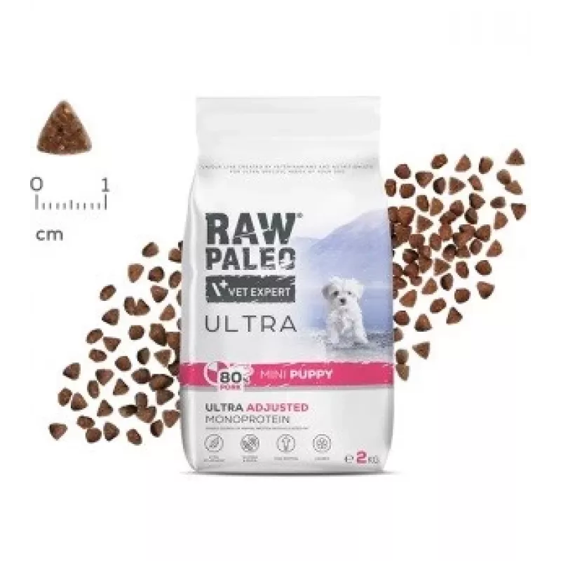 Dry dog food VETEXPERT RAW PALEO Ultra Mini Puppy Pork 2 kg — complete feed for toy and small-breed puppies, 33% protein, 19% fat