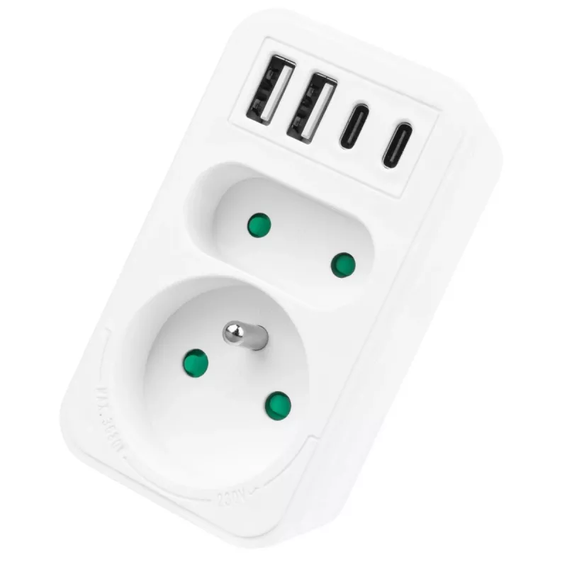Power splitter MACLEAN MCE249 F/W — 2x mains sockets (16A + 6A) and 4x USB (2x A, 2x C PD 20W)