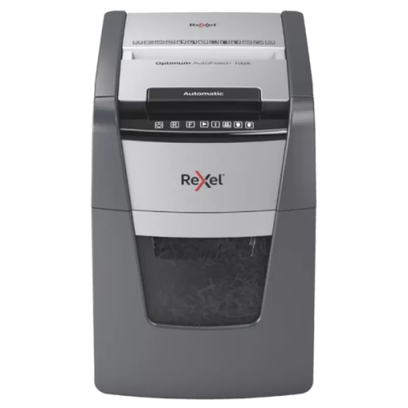 Paper shredder REXEL Optimum AutoFeed+ 100X — 100-sheet auto feed, 4 x 28 mm cross-cut, 34 L bin, aluminium