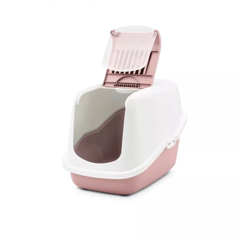 Covered cat litter box Savic Nestor White-Pink, hooded enclosed tray, 56×39×38.5 cm