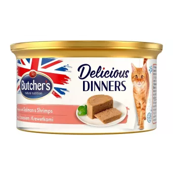 Wet cat food butcher's Mousse Delicious Dinners Salmon and Shrimps 85 g, protein 9.5%, fat 4%