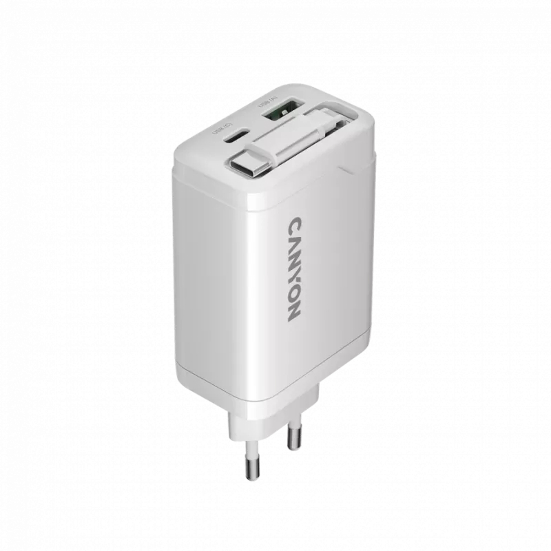 CANYON charger OnCharge 65RC with built-in USB-C cable 65W, 1x PD, 1x QC, EU plug, White