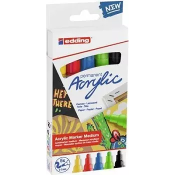Edding 5100 Acrylic Marker Set, Medium, 5 pcs, Black/Blue/Green/Red/Yellow