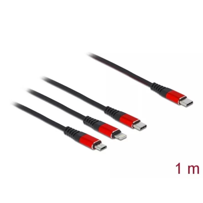USB Charging Cable DeLOCK 3 in 1 USB Type-C to Lightning Micro USB USB Type-C 1 m black red