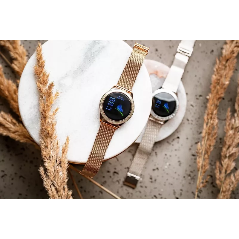 Smartwatch ORO-MED ORO-SMART CRYSTAL SILVER — round metal housing, LCD 240×198, 1.04 inch display, Bluetooth 4.0, waterproof, 120 mAh battery