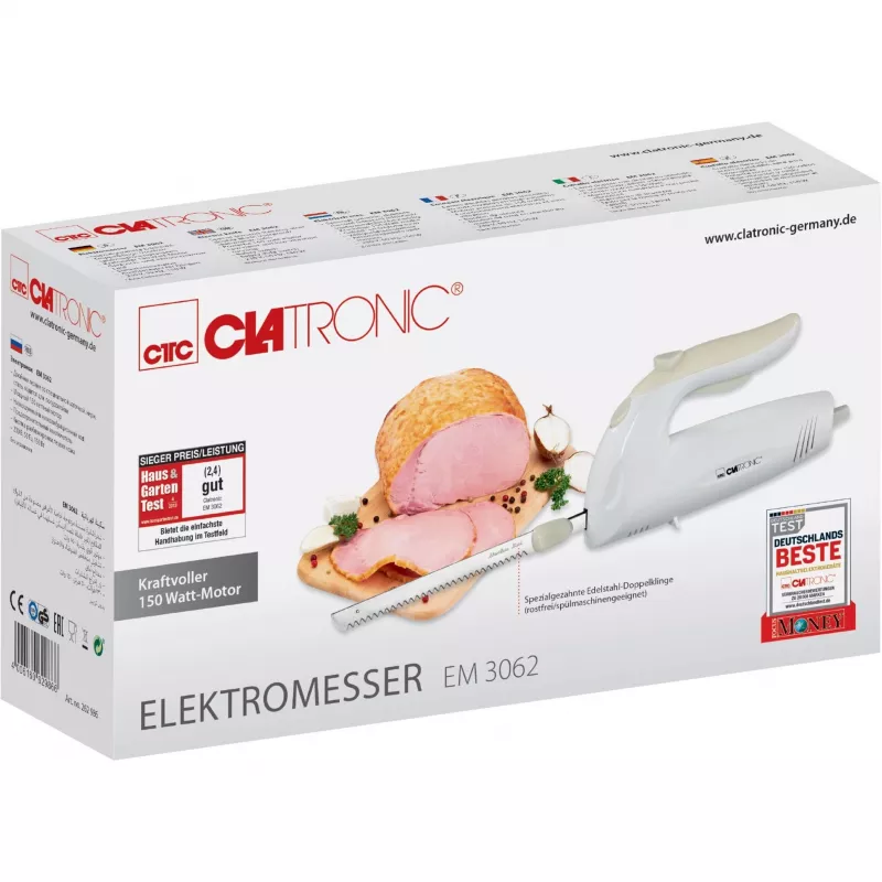 Electric knife CLATRONIC EM 3062, handheld food slicer, white, stainless steel blades, 160 W