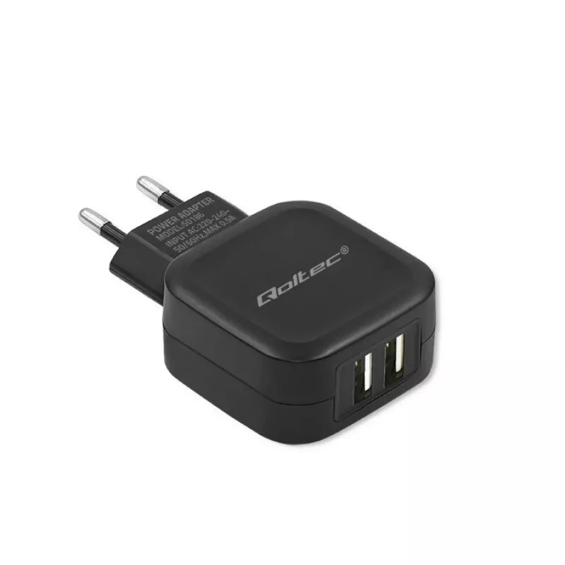 AC Indoor Charger QOLTEC 50186 for Smartphone and Tablet, 5 V 3.4 A, 17 W, 2× USB, Black
