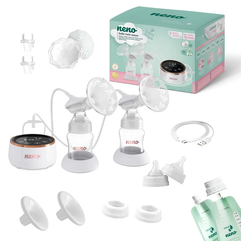 Electric double breast pump neno Bella Twin Moon — cordless, two-phase, LCD, 150 ml bottles, pearl