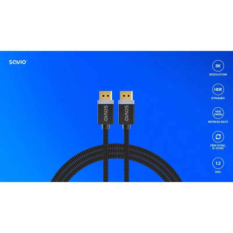 DisplayPort cable SAVIO CL-166 2 m Black — DisplayPort 1.4, male-to-male, gold-plated contacts
