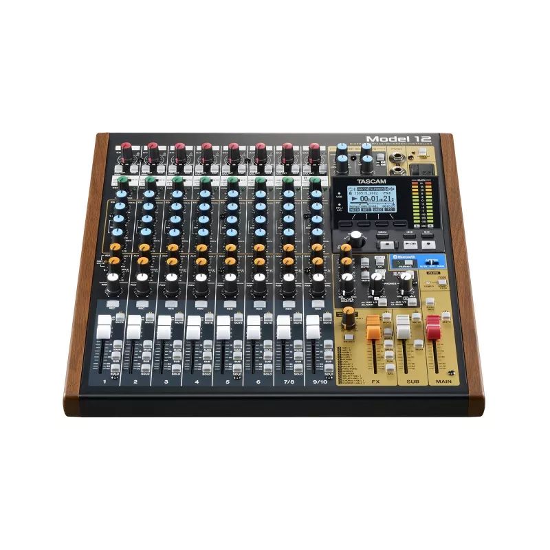 Mixer Tascam Model 12 — 12‑channel analog/digital mixer, 24‑bit, 48 kHz, USB‑C, SD card, Bluetooth 5.0