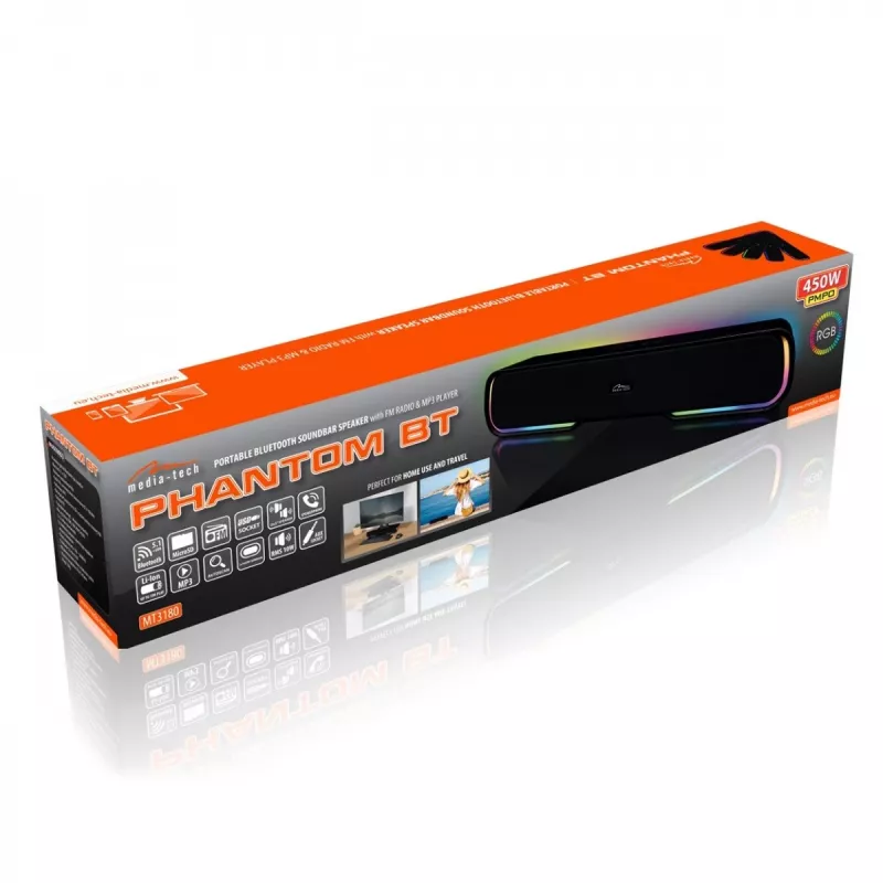 Speakers MEDIA‑TECH Phantom MT3180 soundbar 450W RMS, 80W battery-powered, Bluetooth, wired & wireless, black