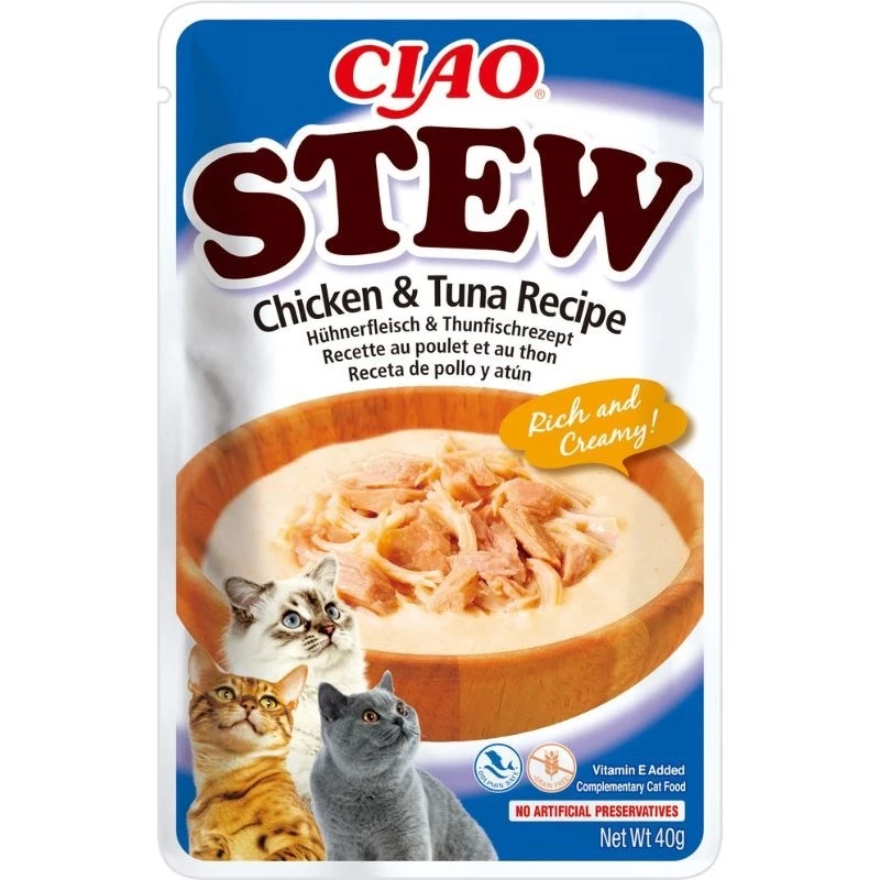 Wet cat treat INABA Ciao Stew Chicken & Tuna 40 g pouch, meaty sachet, 86.5% moisture