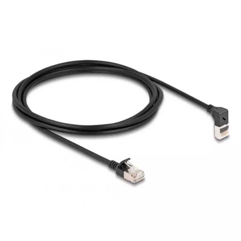 Delock - Network Cable - RJ-45 (M) Upward angewinkelt to RJ-45 (M) straight - 2,0m - 4,5 mm - S/FTP - CAT 6a - Shielded, Halogen-Free - Black (80288)