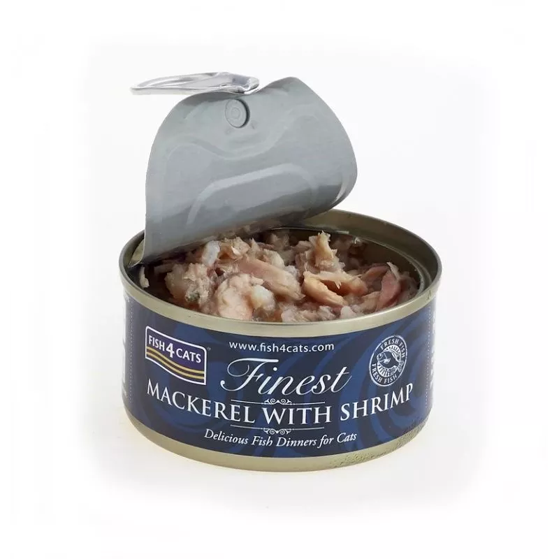 Wet cat food FISH4DOGS Mackerel with shrimp 70 g — adult, fish flavour, can, gluten‑free