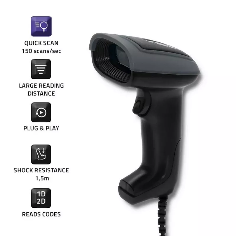 Handheld barcode reader QOLTEC 50863 — 1D/2D scanner, USB wired, LED sensor, black, 5V, 1.8 m cable